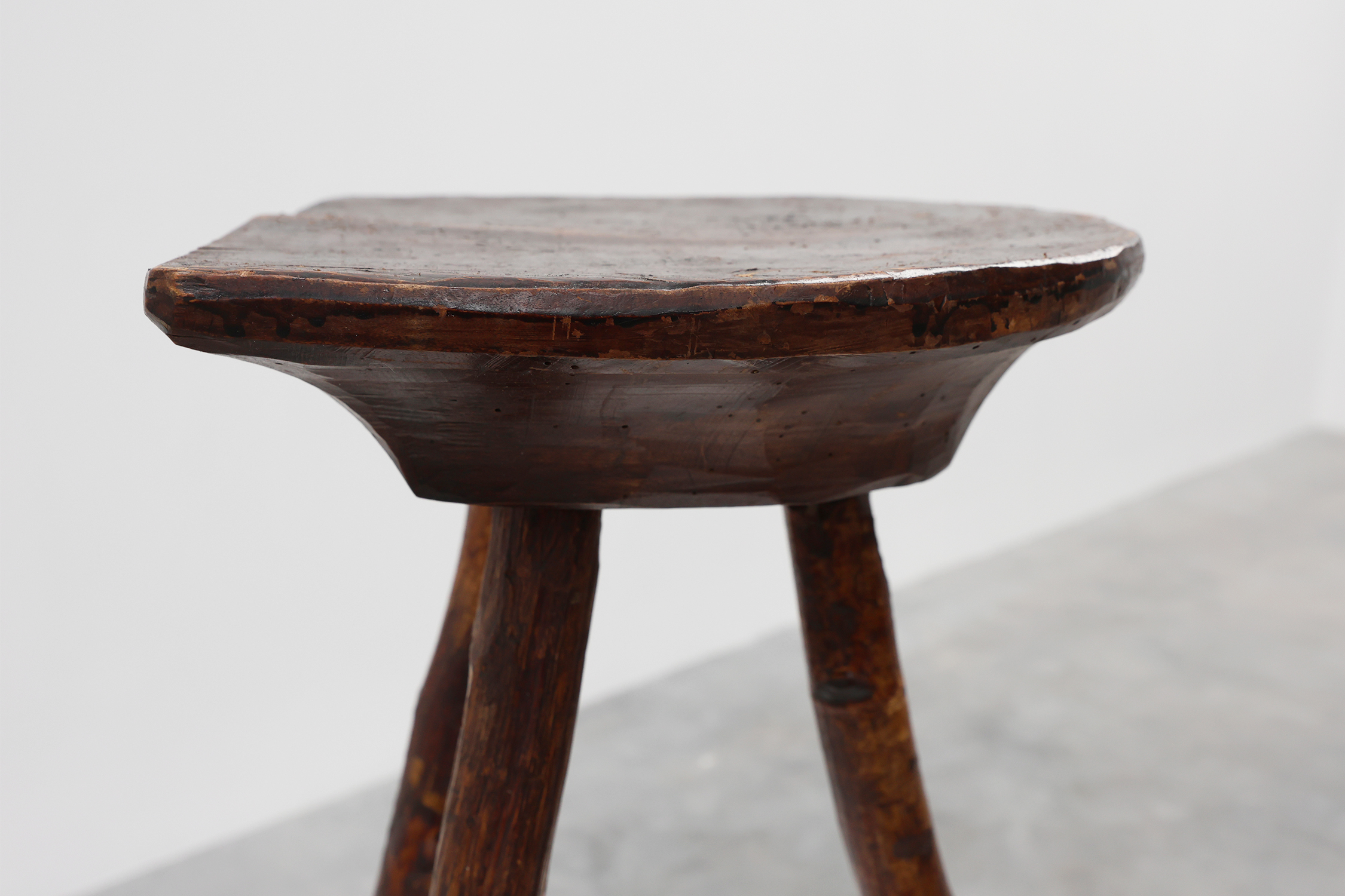 French wabi sabi style low tripod stool in solid wood, 1850sthumbnail
